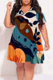 Casual Graphics Print V Neck Short Sleeve Ruffle Hem Vacation Plus Size A Line Mini Dresses