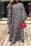 Casual Boho Pattern Print V Neck Flare Sleeve Irregular Ruffle Hem Vacation Loose Maxi Dresses