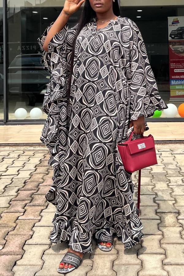 Casual Boho Pattern Print V Neck Flare Sleeve Irregular Ruffle Hem Vacation Loose Maxi Dresses