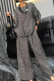 Casual Plaid Print O Neck Short Sleeve Blouse And Draw String Pocket Lace Up Wide Leg Pants Vacation Two Pieces Trouser Sets