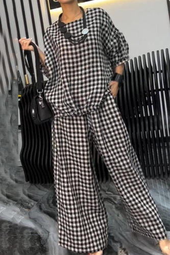 Casual Plaid Print O Neck Short Sleeve Blouse And Draw String Pocket Lace Up Wide Leg Pants Vacation Two Pieces Trouser Sets