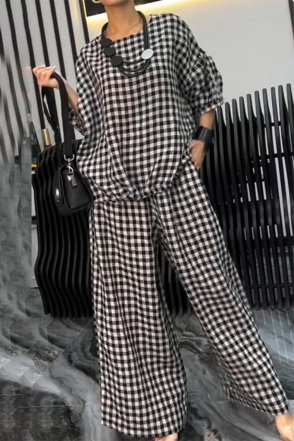 Casual Plaid Print O Neck Short Sleeve Blouse And Draw String Pocket Lace Up Wide Leg Pants Vacation Two Pieces Trouser Sets