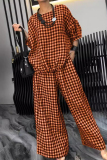 Casual Plaid Print O Neck Short Sleeve Blouse And Draw String Pocket Lace Up Wide Leg Pants Vacation Two Pieces Trouser Sets