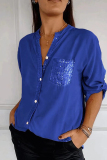 Formal Sequins V Neck 3/4 Sleeve Office Lady Pocket Vacation Blouse