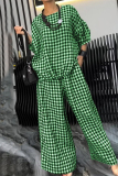 Casual Plaid Print O Neck Short Sleeve Blouse And Draw String Pocket Lace Up Wide Leg Pants Vacation Two Pieces Trouser Sets