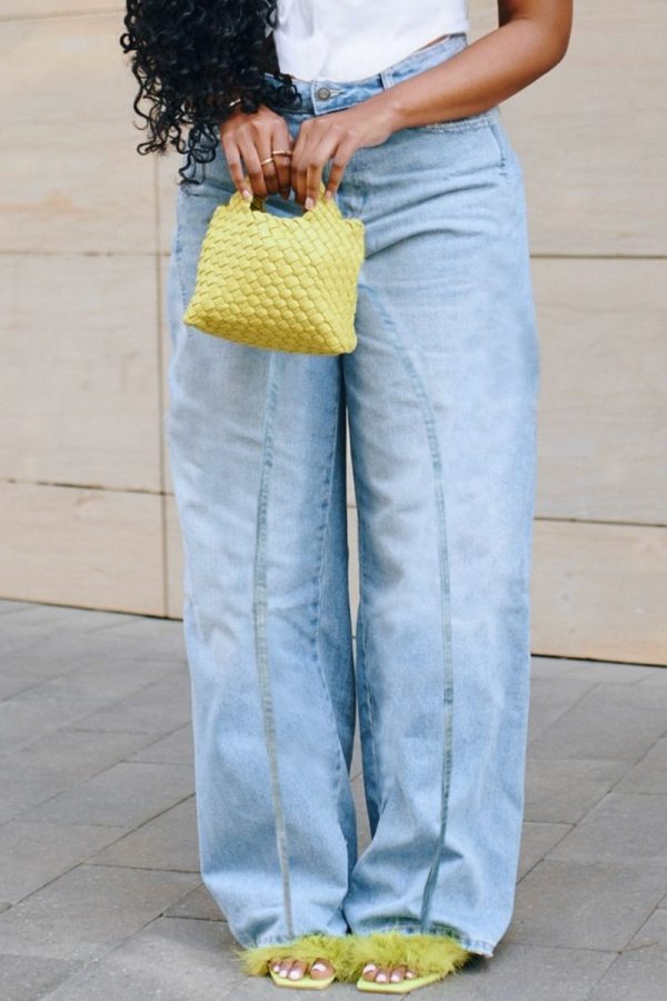Casual High Waist Distressed Wide Leg Denim Jeans