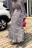 Casual Boho Pattern Print V Neck Flare Sleeve Irregular Ruffle Hem Vacation Loose Maxi Dresses