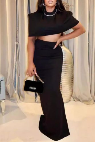 Formal Dropped Shoulder O Neck Crop Tops And Maxi Skirt Party Evening Two Pieces Dress Sets