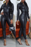 Turndown Collar Long Sleeve With Belt Night Club Skinny Leather Jumpsuits One Pieces Bodysuit