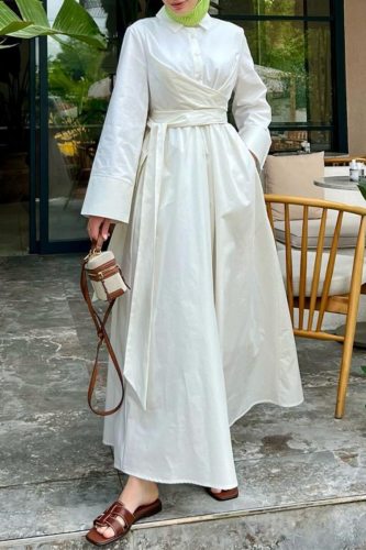 Casual Turndown Collar Long Sleeve Lace Up Long Vacation A Line Pleated Maxi Shirt Dresses