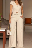 Formal Business Wear V Neck Short Sleeve Buttons Crop Tops And Pocket Wide Leg Pants Office Lady Two Pieces Suit Sets