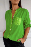 Formal Sequins V Neck 3/4 Sleeve Office Lady Pocket Vacation Blouse