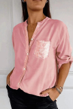 Formal Sequins V Neck 3/4 Sleeve Office Lady Pocket Vacation Blouse