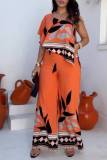 Casual Floral Print Sloping Shoulder Flounce Sleeve Irregular Hem Vacation Wide Leg Jumpsuits