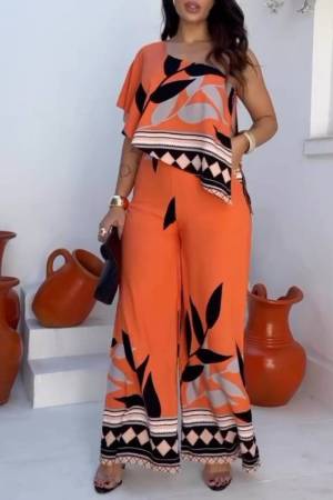 Casual Floral Print Sloping Shoulder Flounce Sleeve Irregular Hem Vacation Wide Leg Jumpsuits