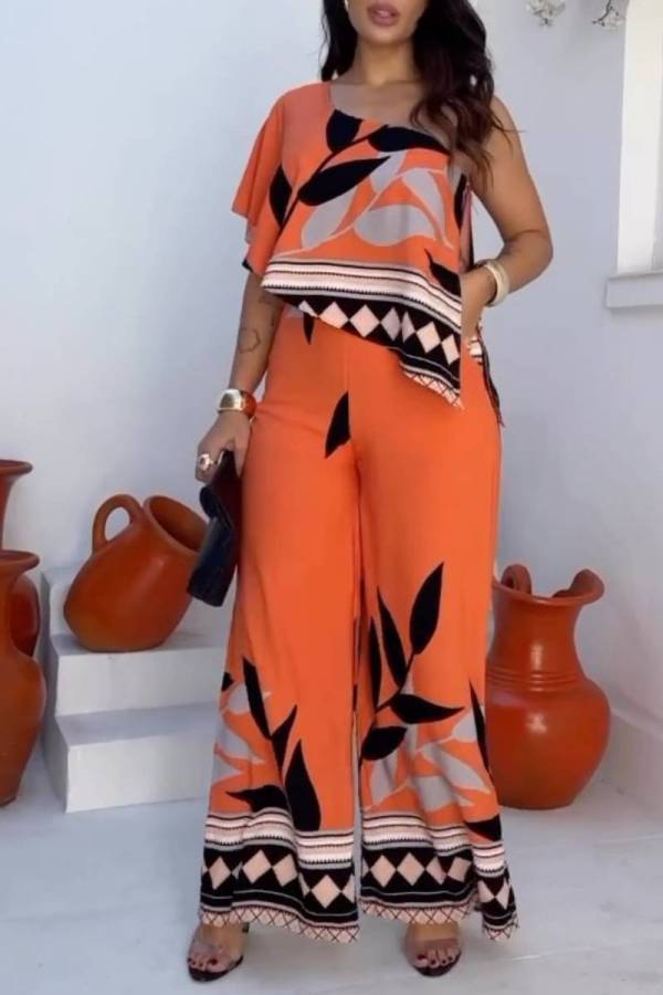 Casual Floral Print Sloping Shoulder Flounce Sleeve Irregular Hem Vacation Wide Leg Jumpsuits