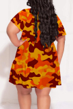 Casual Camouflage Print V Neck Short Sleeve Ruffle Hem Vacation Plus Size A Line Mini Dresses
