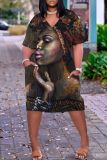Casual Graphics Print Basic V Neck Short Sleeve Loose Pockets Midi T-Shirt Dress