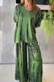 Casual Graphics Print O Neck Half Sleeve Oversize Blouse And Wide Leg Pants Vacation Two Pieces Trouser Sets