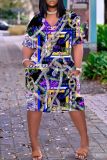 Casual Graphics Print Basic V Neck Short Sleeve Loose Pockets Midi T-Shirt Dress