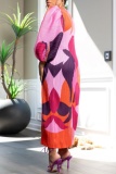 Graphics Print O Neck Puff Sleeve Slim Fit Long Formal Party Evening Office Lady Vacation Pleated Maxi Dresses