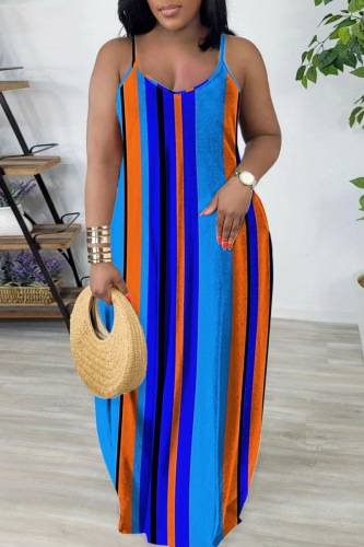 Sexy Stripe Print Backless Spaghetti Strap Floor Length Vacation Baggy Sundress Slip Maxi Dress