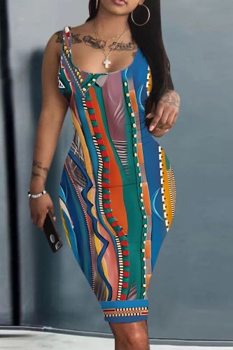 Casual Graphics Print U Neck Sleeveless Vacation Bodycon Midi Tank Dress