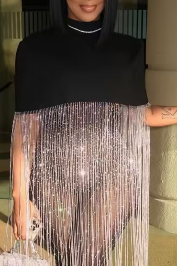 Casual Sparkling Rhinestone Fringe Trim Half A Turtleneck Half Sleeve Formal Party Evening Tops