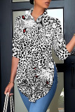 Casual Graphics Print Shirt Collar Long Sleeve Vacation Side Slit Blouse