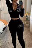 Sportwear Street Digital Print Zipper Collar Long Sleeve Crop Hooded Sweatshirt And Skinny Pants Two Pieces Sweatpants Sets