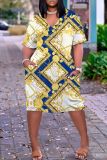 Casual Graphics Print Basic V Neck Short Sleeve Loose Pockets Midi T-Shirt Dress