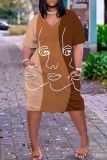 Casual Graphics Print Basic V Neck Short Sleeve Loose Pockets Midi T-Shirt Dress