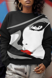 Casual Face Print O Neck Long Sleeve Sweatshirt