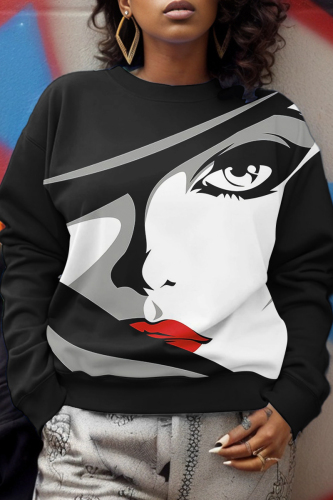 Casual Face Print O Neck Long Sleeve Sweatshirt