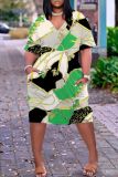 Casual Graphics Print Basic V Neck Short Sleeve Loose Pockets Midi T-Shirt Dress