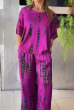 Casual Graphics Print O Neck Half Sleeve Oversize Blouse And Wide Leg Pants Vacation Two Pieces Trouser Sets
