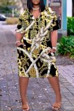Casual Graphics Print Basic V Neck Short Sleeve Loose Pockets Midi T-Shirt Dress