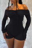 Long Sleeve Off Shoulder Ruched Skinny Rompers One Pieces Bodysuit
