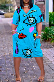 Casual Face Print Basic V Neck Short Sleeve Loose Pockets Midi T-Shirt Dress