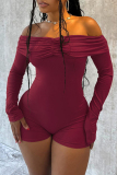Long Sleeve Off Shoulder Ruched Skinny Rompers One Pieces Bodysuit