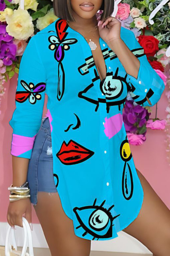 Casual Graphics Print Shirt Collar Long Sleeve Vacation Side Slit Blouse