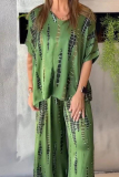 Casual Graphics Print O Neck Half Sleeve Oversize Blouse And Wide Leg Pants Vacation Two Pieces Trouser Sets
