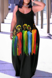 Sexy Graphics Print Backless Spaghetti Strap Floor Length Vacation Baggy Sundress Slip Maxi Dress