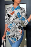Casual Graphics Print Shirt Collar Long Sleeve Vacation Side Slit Blouse