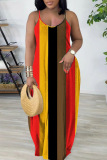 Sexy Stripe Print Backless Spaghetti Strap Floor Length Vacation Baggy Sundress Slip Maxi Dress