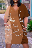 Casual Graphics Print Basic V Neck Short Sleeve Loose Pockets Midi T-Shirt Dress