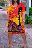 Casual Graphics Print Basic V Neck Short Sleeve Loose Pockets Midi T-Shirt Dress