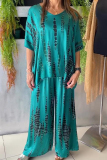 Casual Graphics Print O Neck Half Sleeve Oversize Blouse And Wide Leg Pants Vacation Two Pieces Trouser Sets