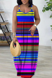 Sexy Stripe Print Backless Spaghetti Strap Floor Length Vacation Baggy Sundress Slip Maxi Dress