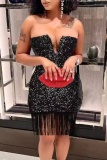 Sequins Sleeveless Fringed Trim Wrapped Skirt Formal Party Evening Bodycon Tube Mini Dresses